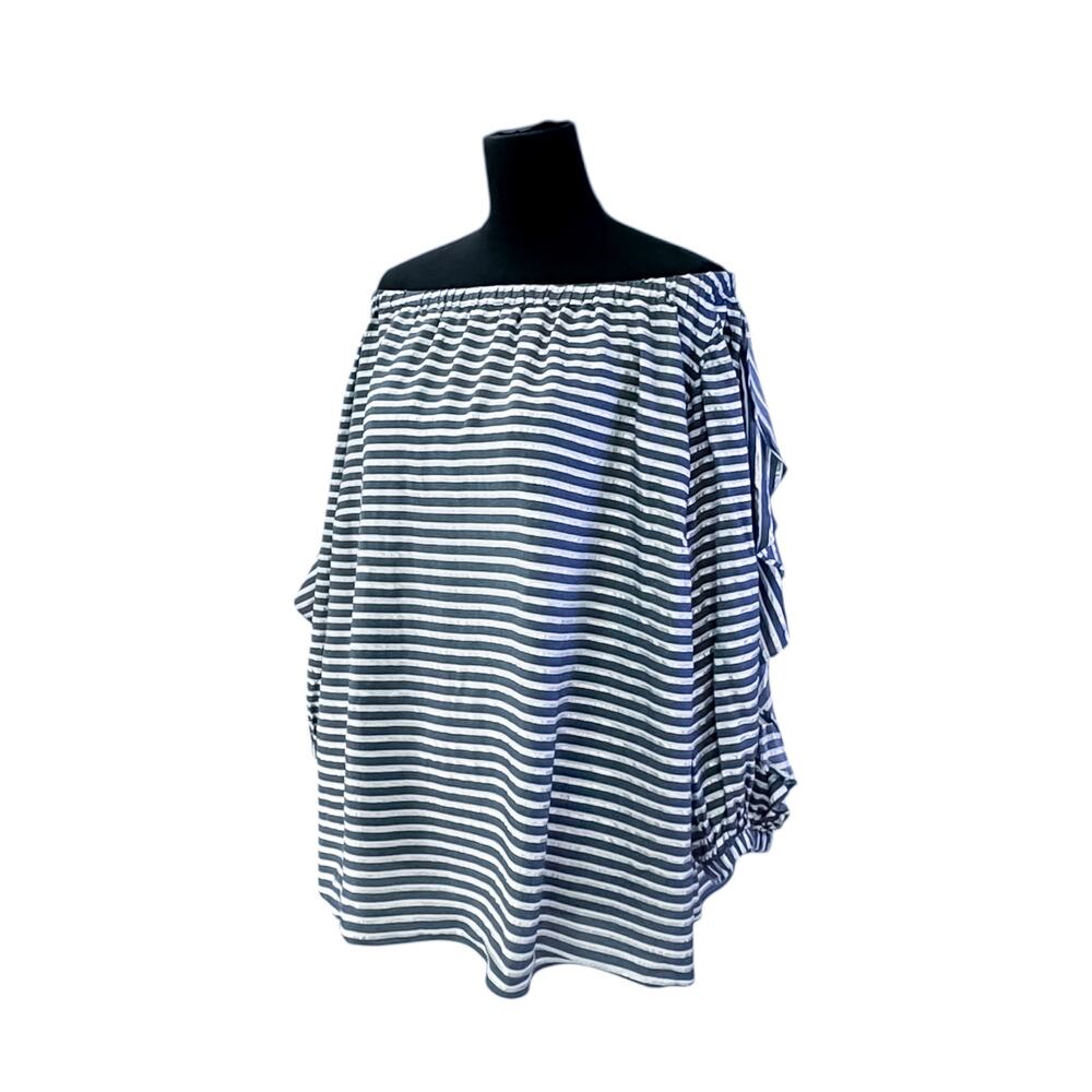 Rachel Roy 2X Navy Gold Metallic Stripe Off Shoulder Flutter Sleeve Blouse 2X